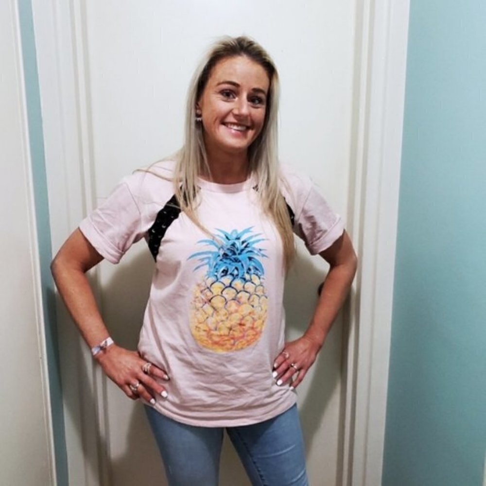 3/$15 Short Sleeve Lace Up Detail Pineapple Print Top - Picture 6 of 6